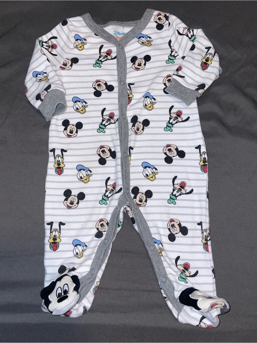 Disney White & Gray Striped Mickey & Friends Footed One-Piece